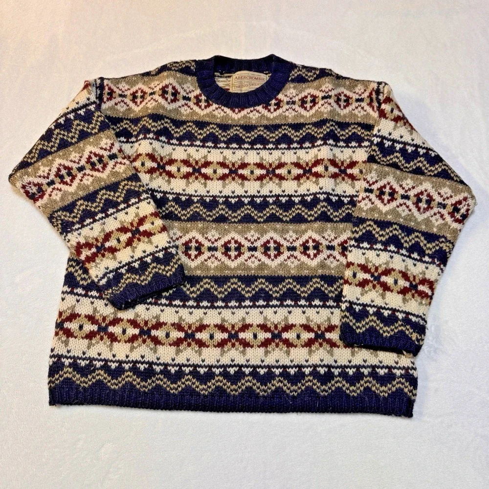 Abercrombie The Big Sweater Mens M Navy Fair Isle Wool Knit Vintage Grandpa Ski